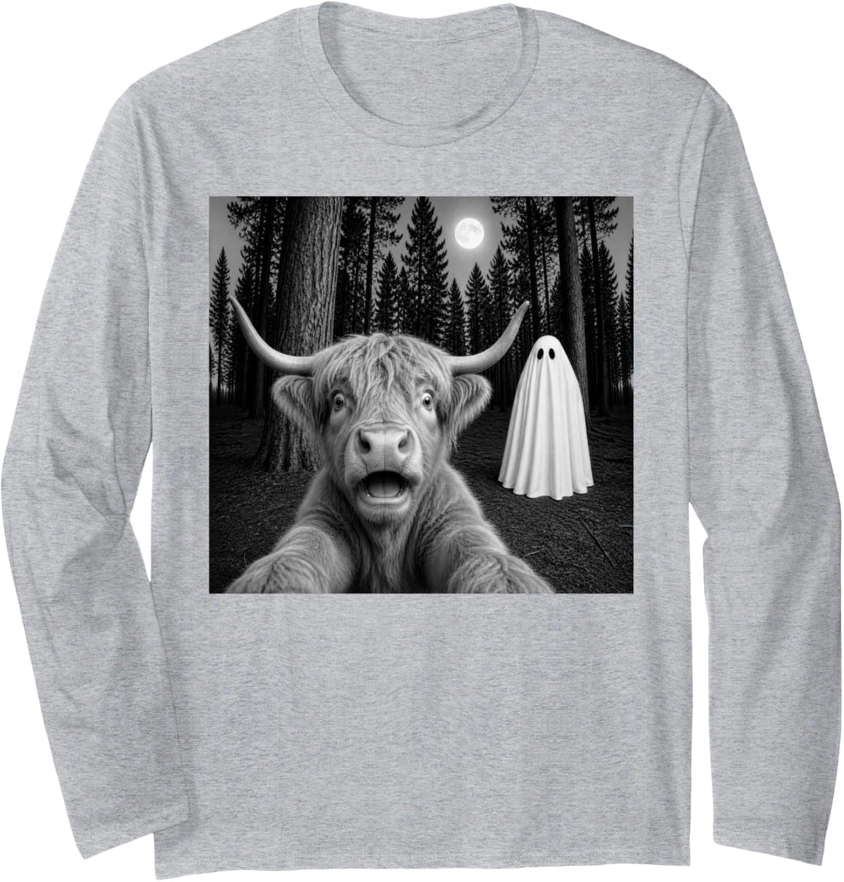 Spooky Scottish Highland Cow Selfie with Ghost Halloween Long Sleeve T-Shirt - Adult Unisex Heather Grey