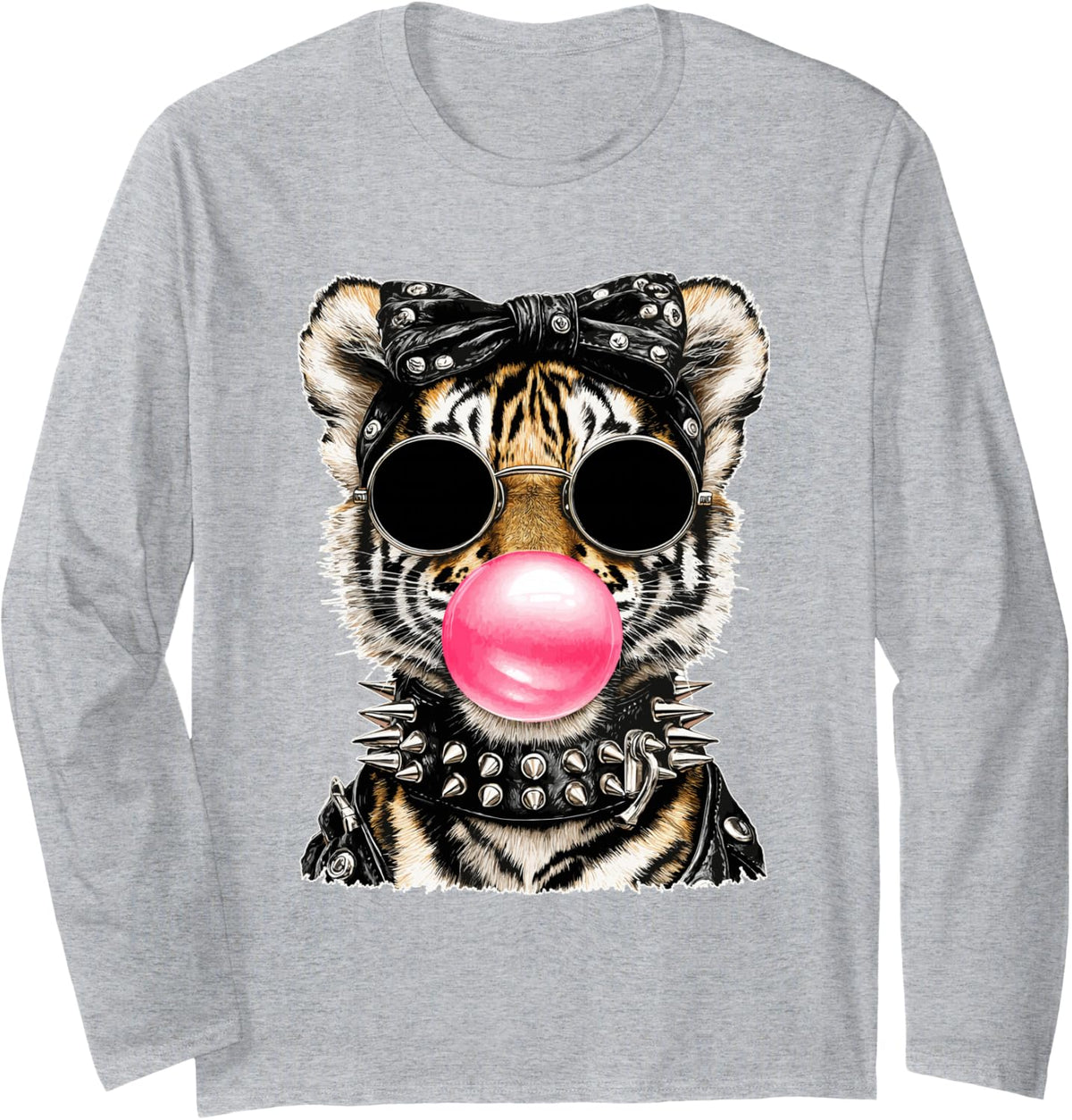 Tiger Cub with Sunglasses Punk Animal Bubblegum Gothic Long Sleeve T-Shirt - Adult Unisex Heather Grey