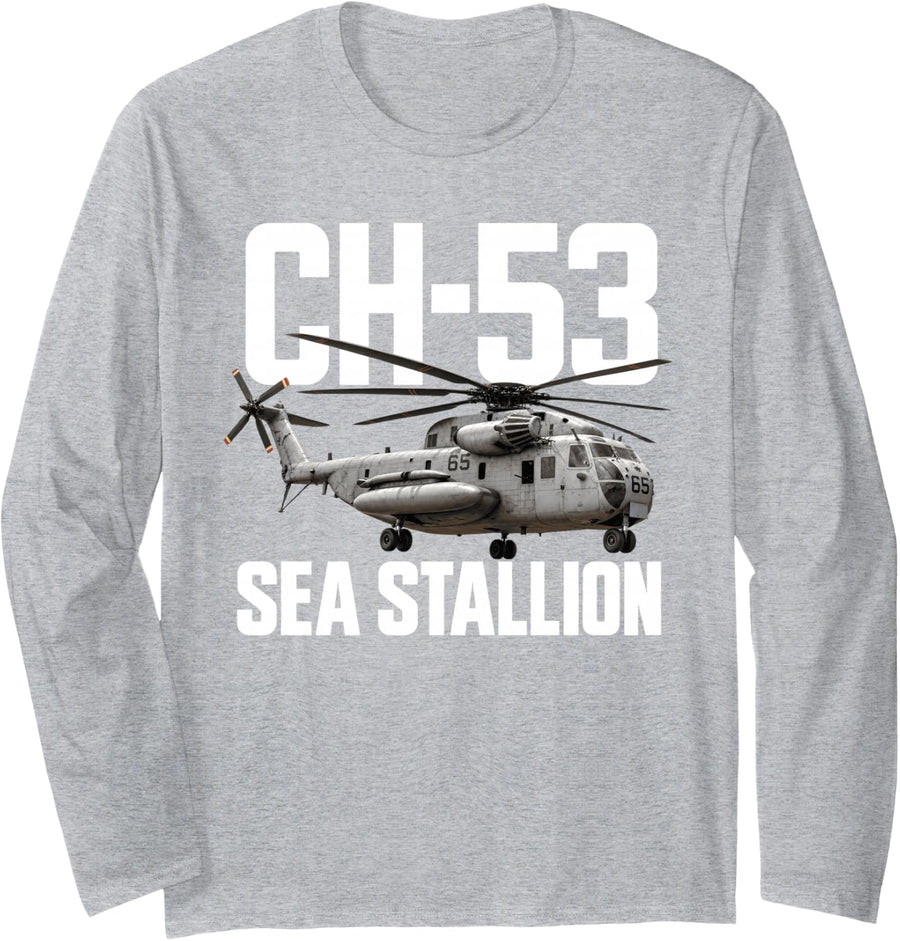 Ch-53 Sea Stallion Military Helicopter Long Sleeve T-Shirt - Adult Unisex Heather Grey