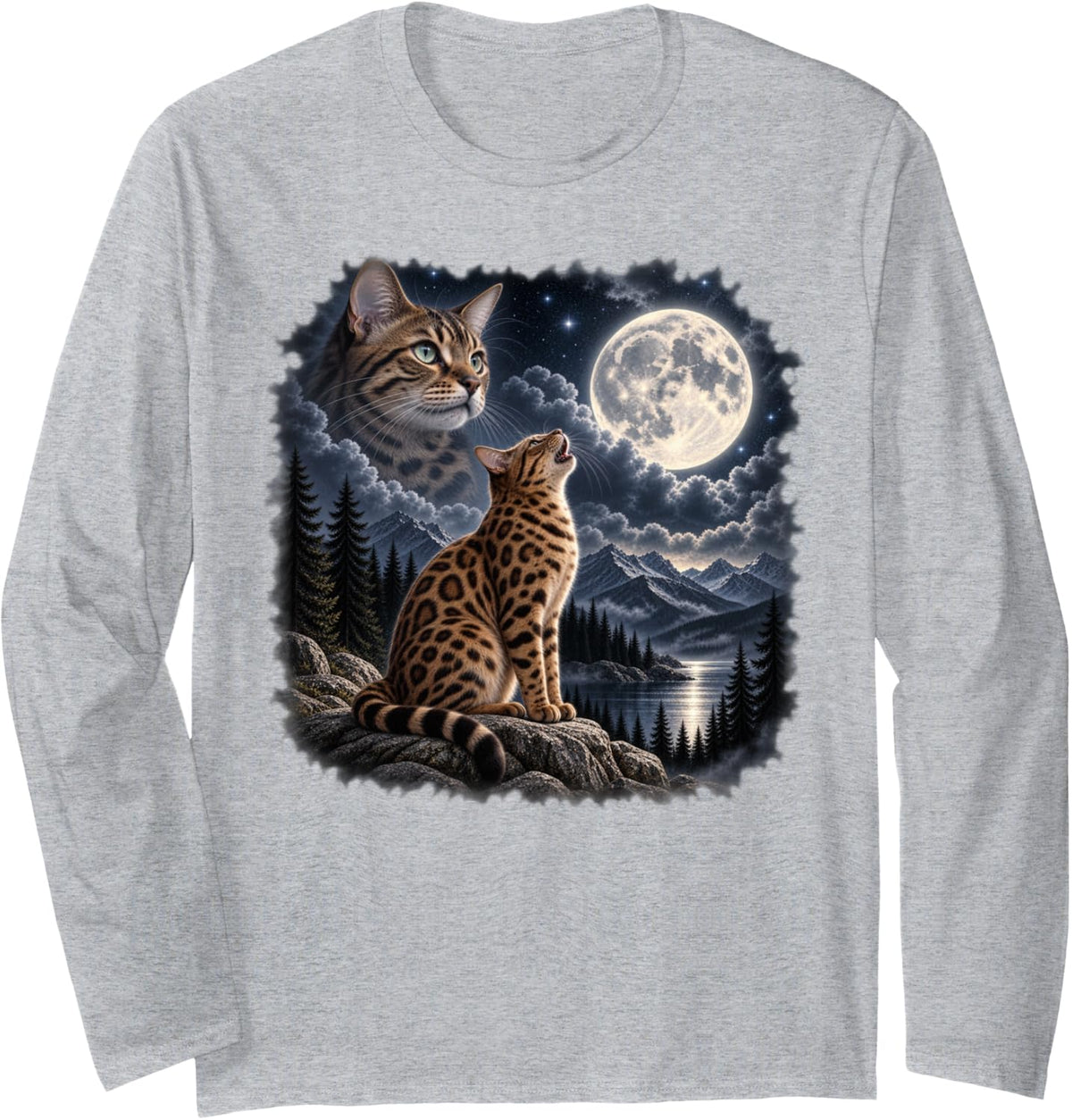 Bengal Cat Howling At The Moon Cat Lover Long Sleeve T-Shirt - Adult Unisex Heather Grey