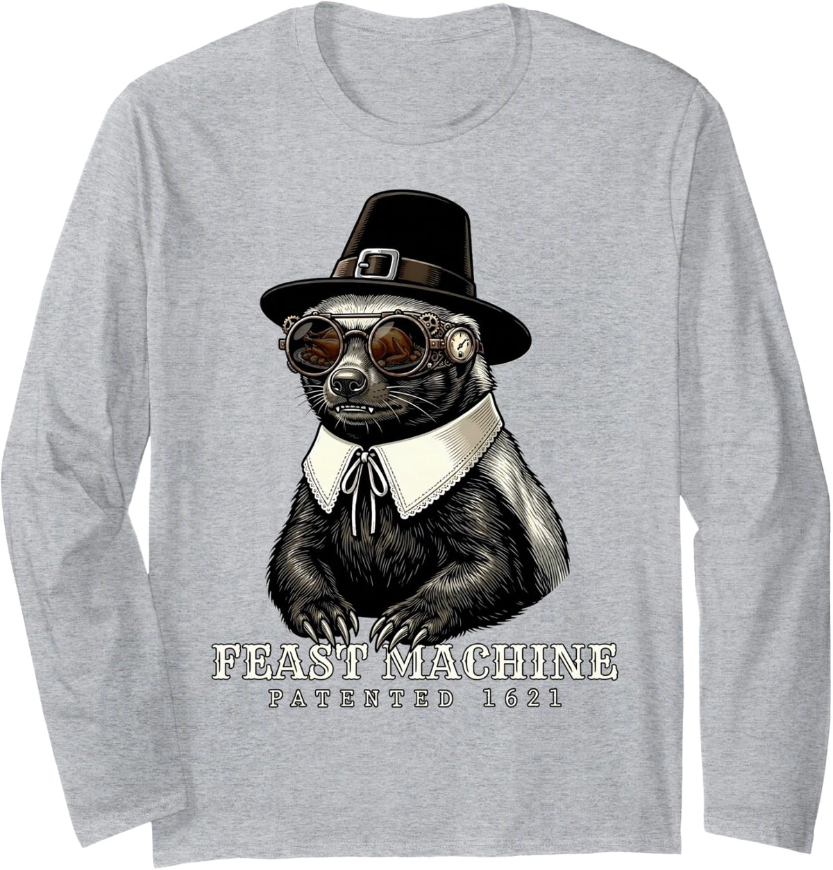 Honey Badger Vintage Retro Turkey Day Dinner Fall Harvest Long Sleeve T-Shirt - Adult Unisex Heather Grey