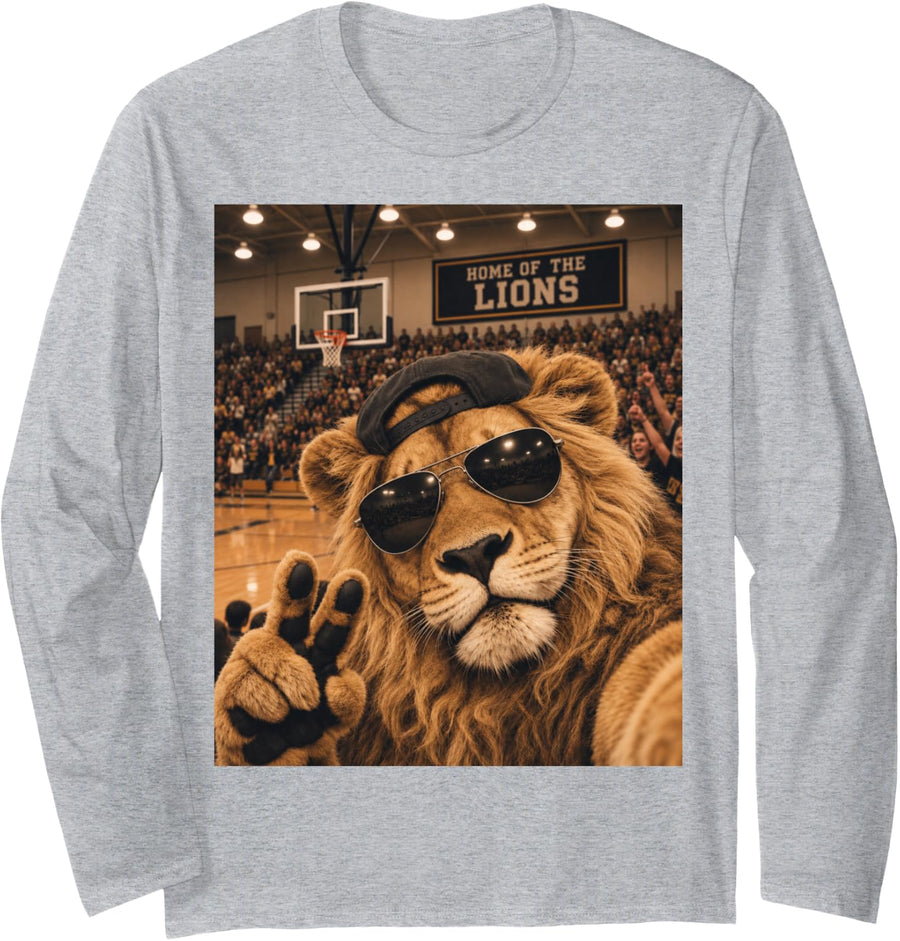 Lion Selfie Funny Basketball Vintage Game Day Cool Mascot Long Sleeve T-Shirt - Adult Unisex Heather Grey