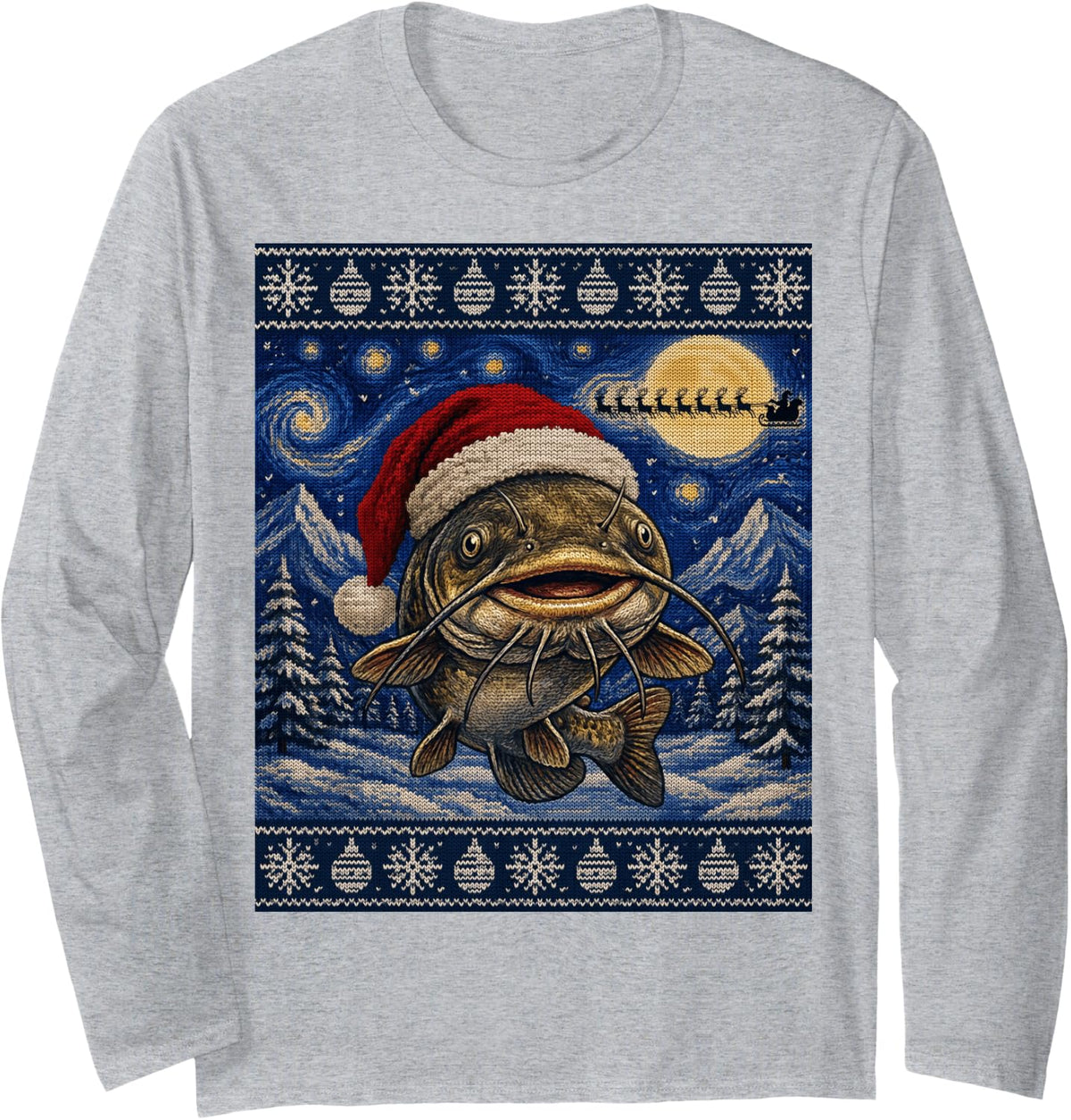 Catfish Fish Santa Ugly Christmas Long Sleeve T-Shirt - Adult Unisex Heather Grey