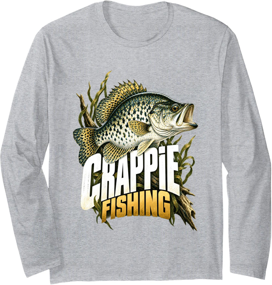 Crappie Fishing Fish and Reeds Long Sleeve T-Shirt - Adult Unisex Heather Grey