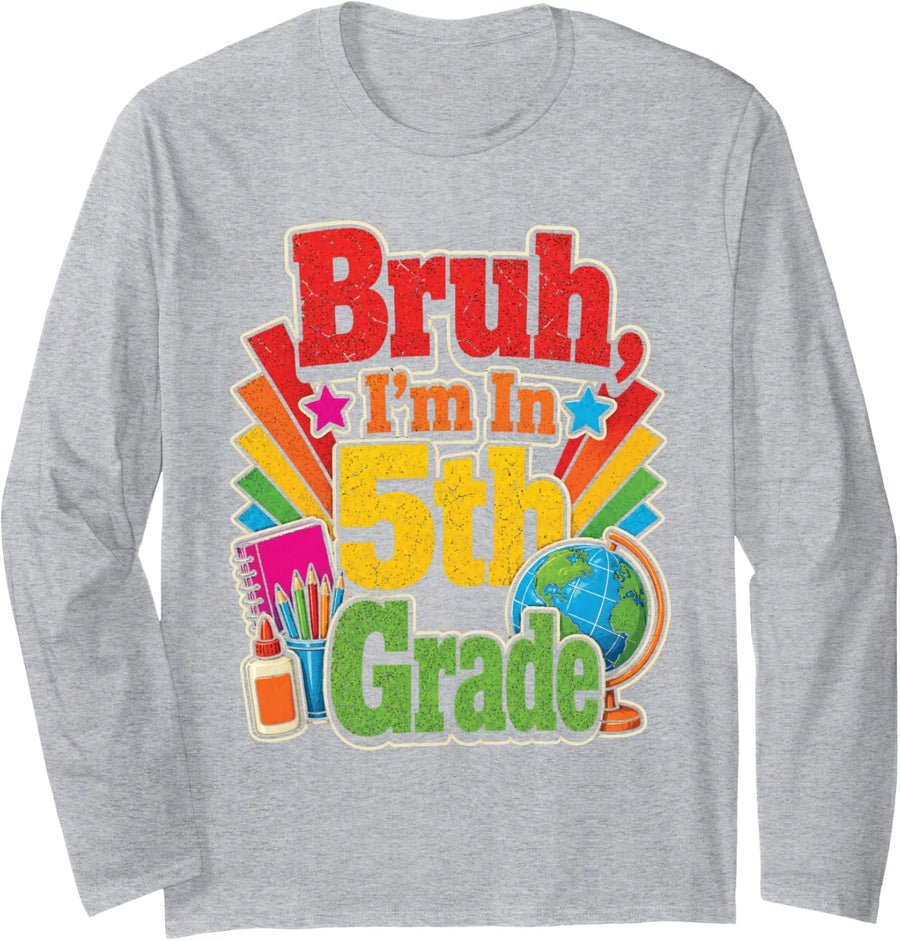 5th Grade Bruh Retro First Day of Elementary School Long Sleeve T-Shirt - Adult Unisex Heather Grey