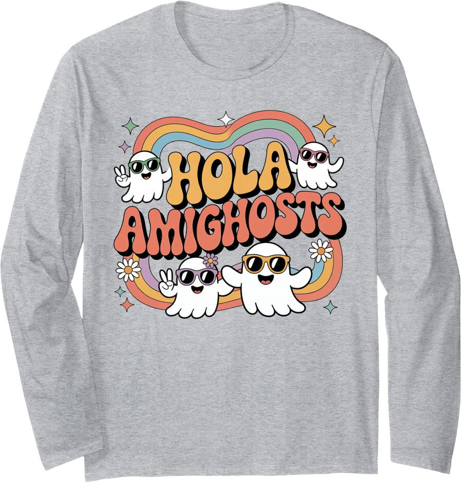 Hola Amighosts Ghost Funny Halloween Costume Spanish Groovy Long Sleeve T-Shirt - Adult Unisex Heather Grey