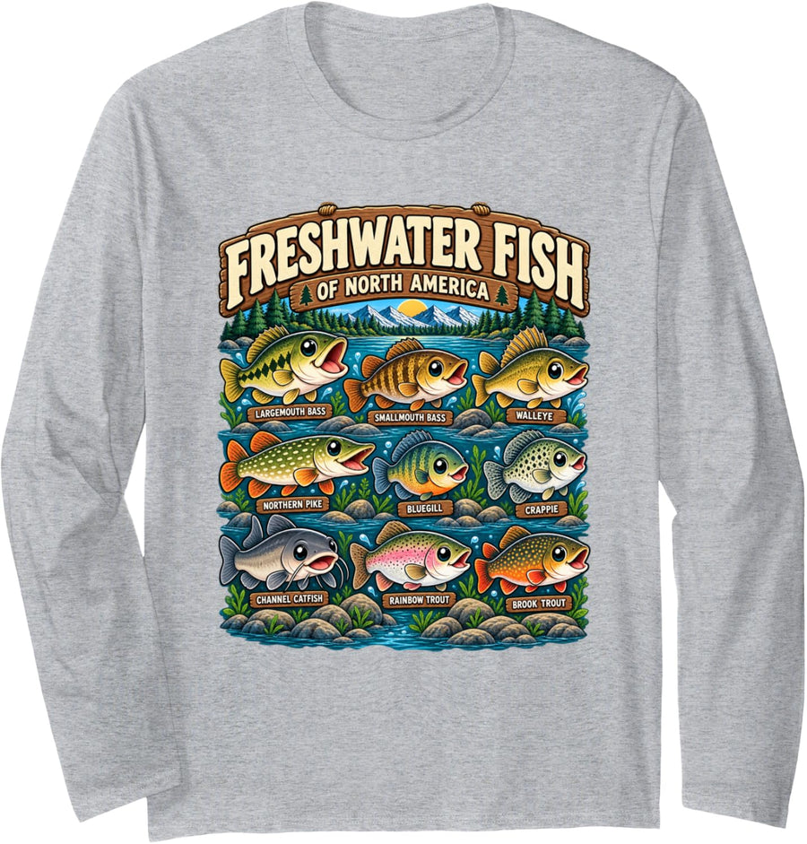 Cute Freshwater Fish North America Bass Trout Fishing Long Sleeve T-Shirt - Adult Unisex Heather Grey