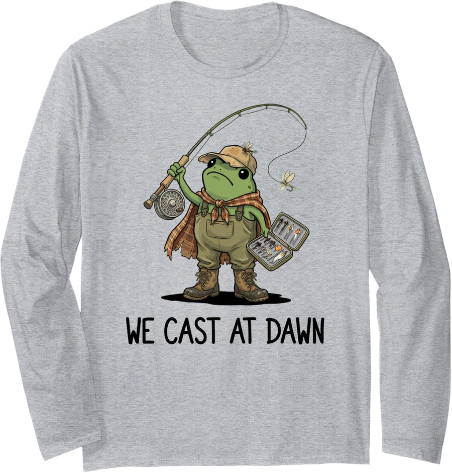 We Cast At Dawn Funny Frog Fly Fishing Angler Men Women Long Sleeve T-Shirt - Adult Unisex Heather Grey