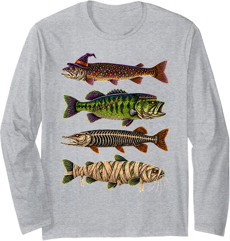 Halloween Fishing Trout Fish Witch Skeleton Mummy Fisherman Long Sleeve T-Shirt - Adult Unisex Heather Grey