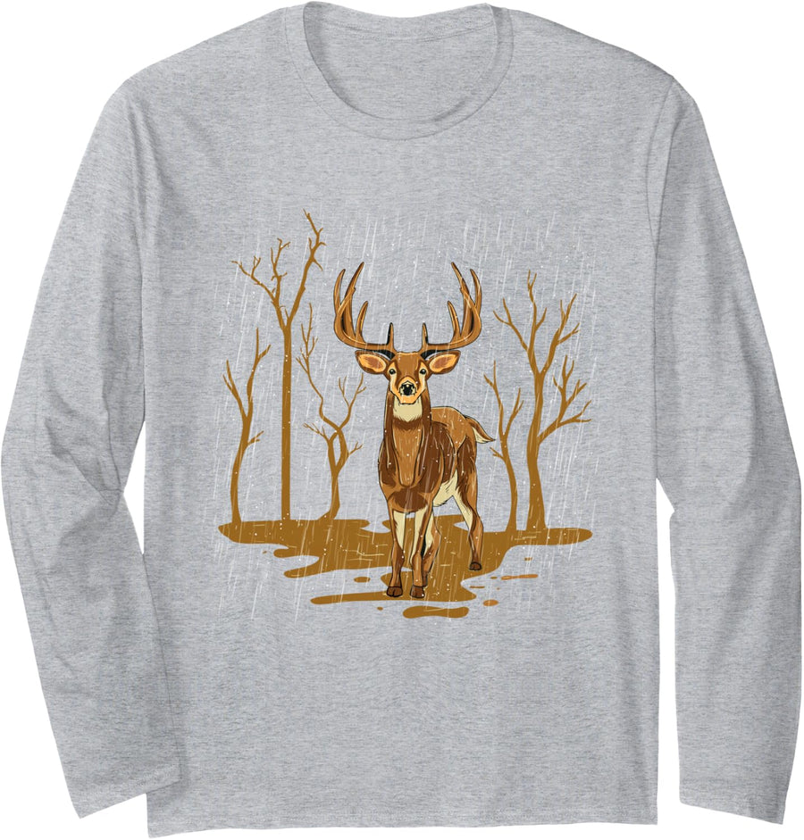 Deer Illustration Art - Forest Animal Wildlife Lover Long Sleeve T-Shirt - Adult Unisex Heather Grey