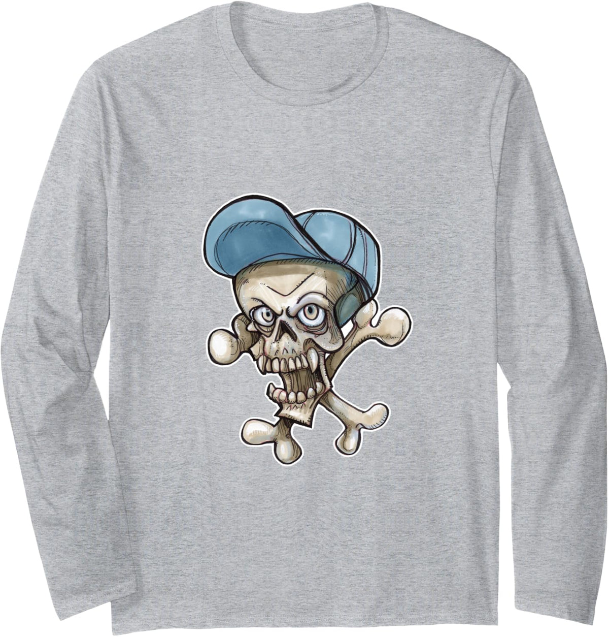 Skull Cap Punk Skater Long Sleeve T-Shirt - Adult Unisex Heather Grey