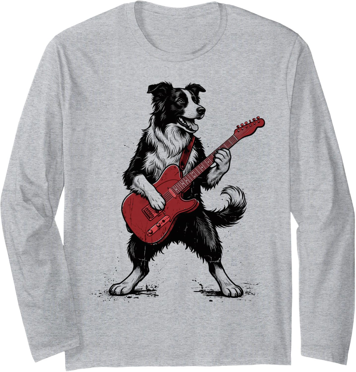 Border Collie Playing Guitar Long Sleeve T-Shirt - Adult Unisex Heather Grey