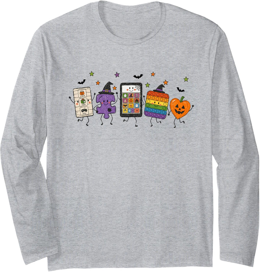 Halloween Autism Support Neurodiversity Spooky Inclusion Long Sleeve T-Shirt - Adult Unisex Heather Grey
