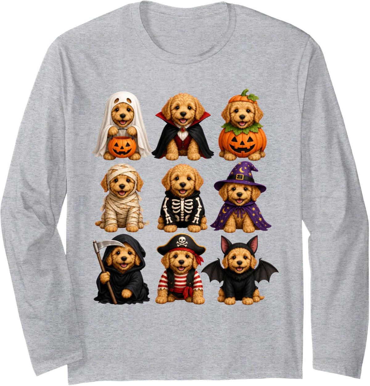 Halloween Apricot Goldendoodle Squad Pumpkin Vampire Long Sleeve T-Shirt - Adult Unisex Heather Grey