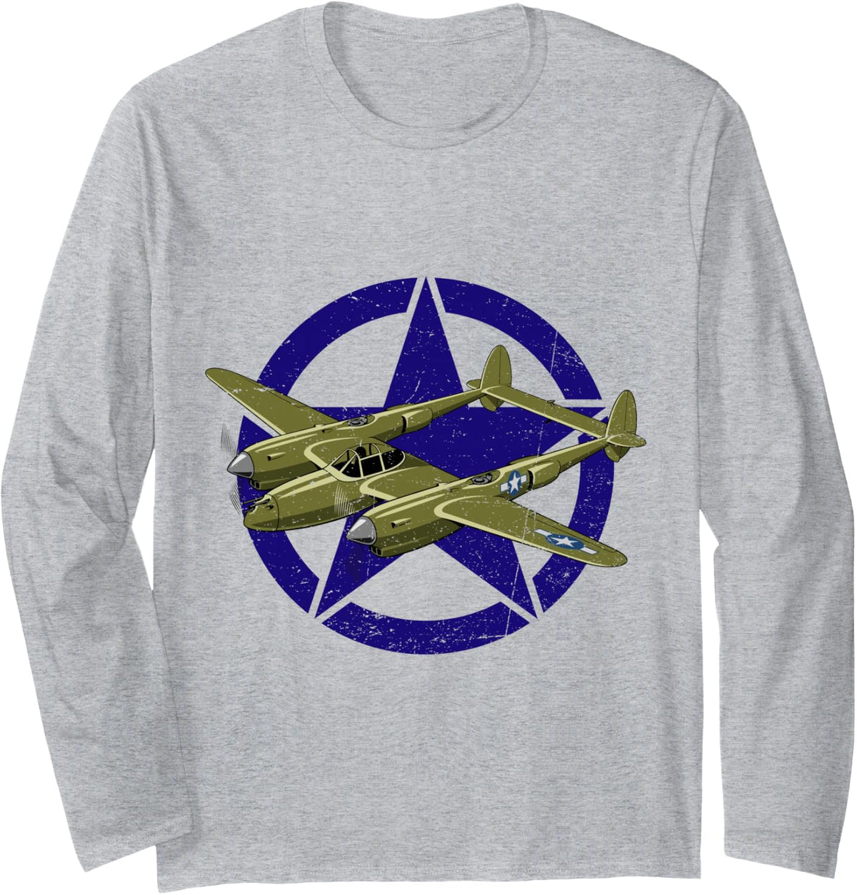 P-38 Lightning WW2 Airplane On Star US Military Aircraft Long Sleeve T-Shirt - Adult Unisex Heather Grey