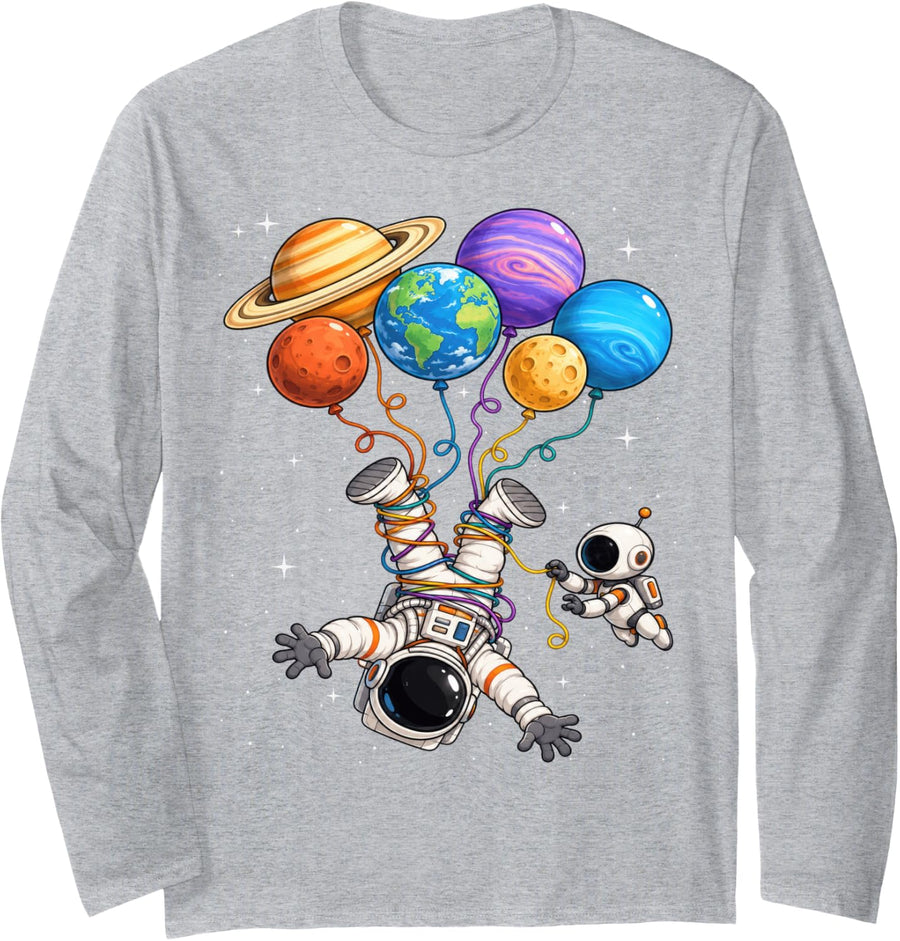 Funny Astronaut Tangled in Solar System Planet Balloons Long Sleeve T-Shirt - Adult Unisex Heather Grey