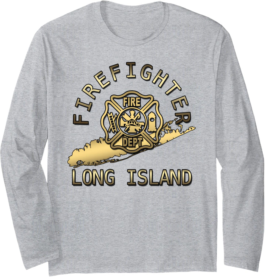 Long Island NY Firefighter Fire Dept. Emblem Long Sleeve T-Shirt - Adult Unisex Heather Grey