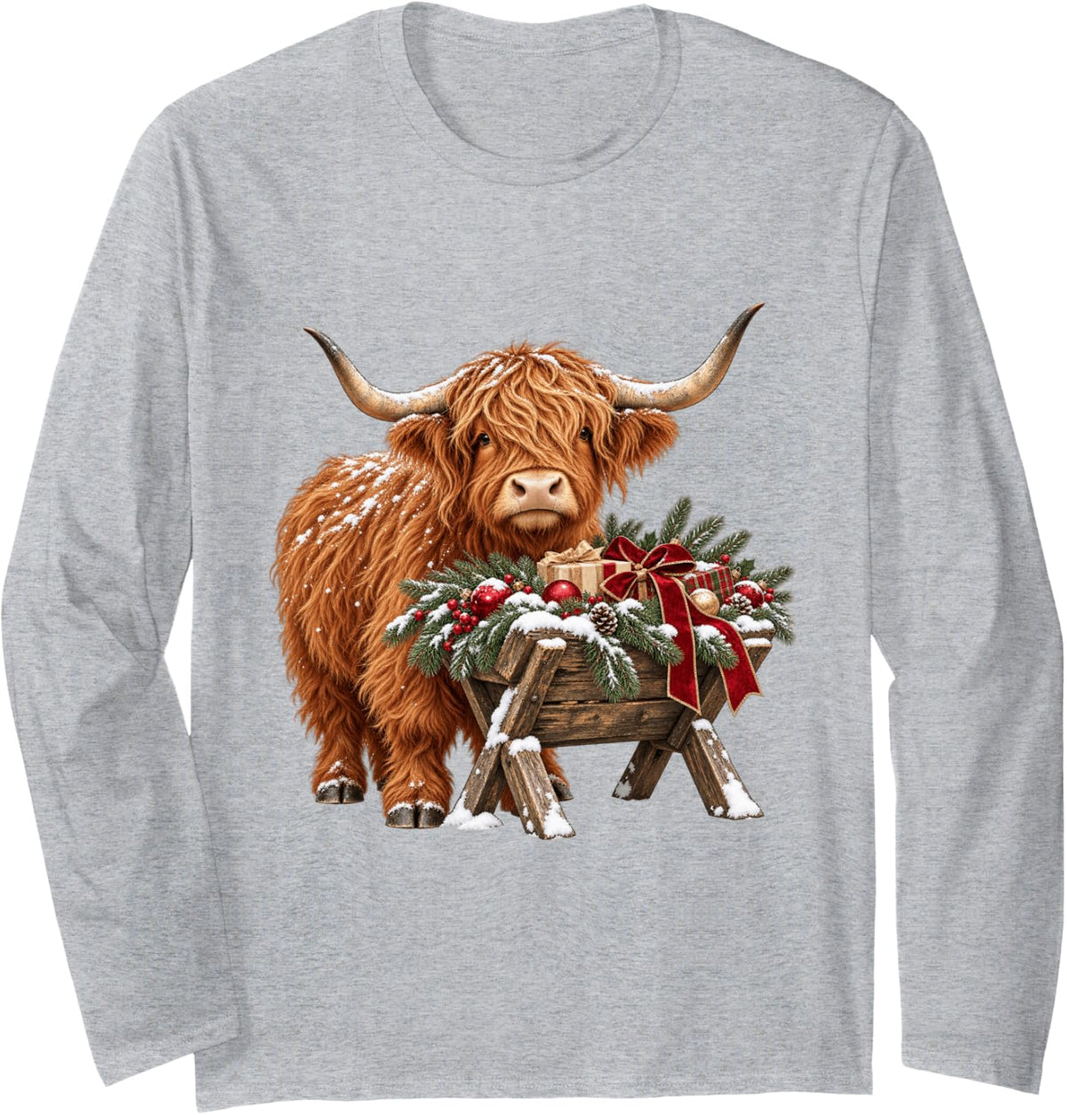 Highland Cow Christmas Cute Scottish Cow Holiday Long Sleeve T-Shirt - Adult Unisex Heather Grey