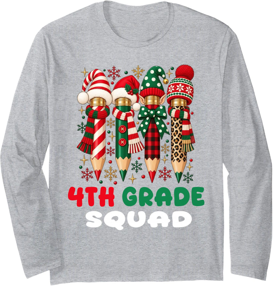 4th Grade Teacher Christmas Fouth Grade Squad Pencil Xmas Long Sleeve T-Shirt - Adult Unisex Heather Grey