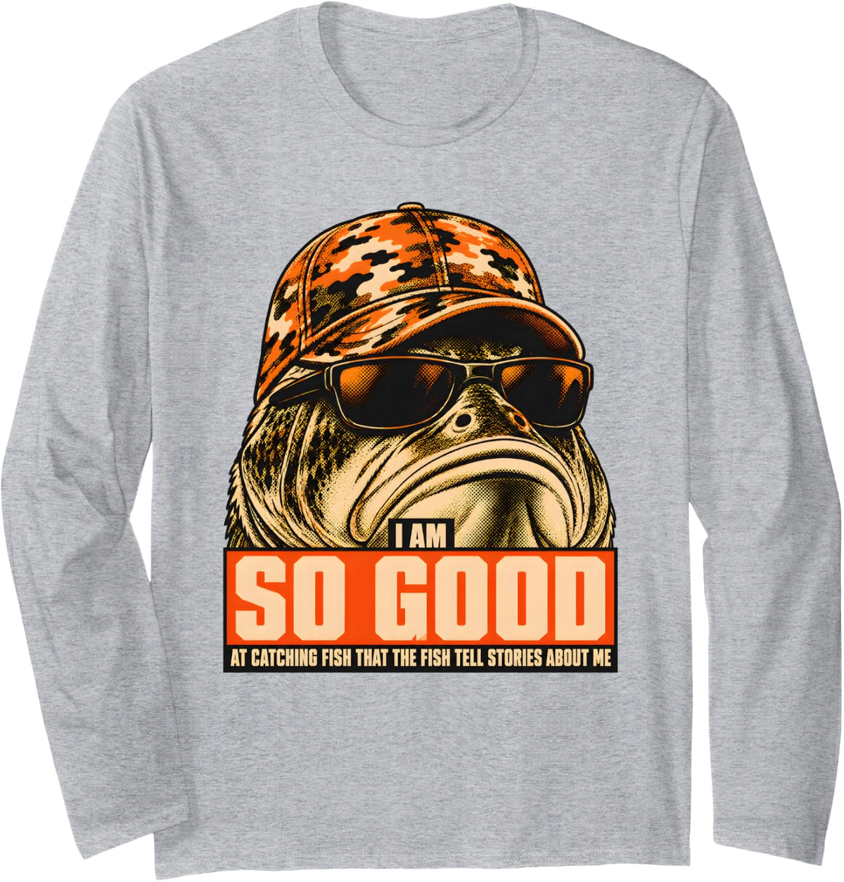 Cool Bass Catching Fish Funny Fisherman Fishing Dad Humor Long Sleeve T-Shirt - Adult Unisex Heather Grey