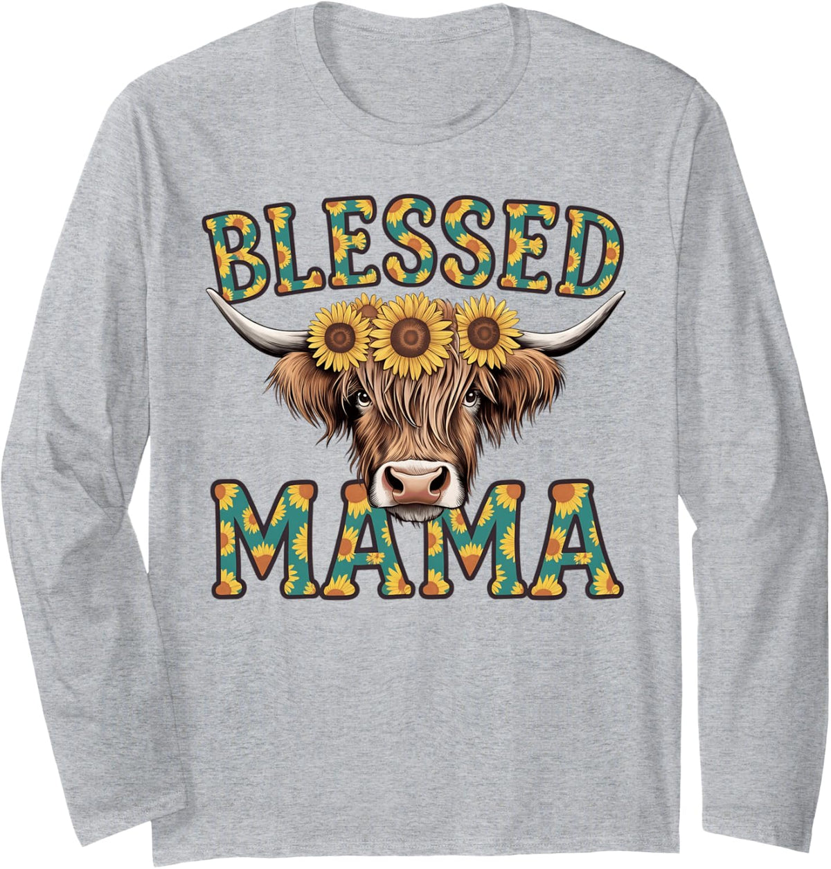 Cute Blessed Mama Highland Cow Mom Sunflowers Mothers Day Long Sleeve T-Shirt - Adult Unisex Heather Grey