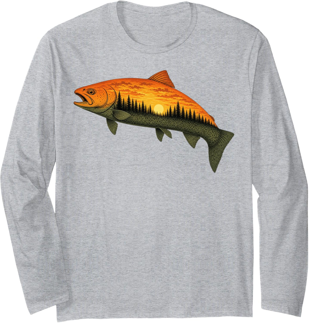 Fishing, Trout, Fly Fishing, Angler Fisherman, Nature Forest Long Sleeve T-Shirt - Adult Unisex Heather Grey
