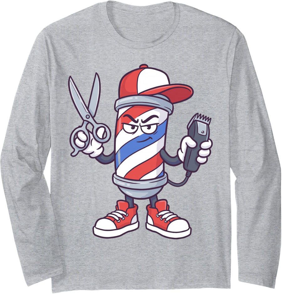 Barber Pole Hair Stylist Barber Barbershop Hairdresser Tee Long Sleeve T-Shirt - Adult Unisex Heather Grey