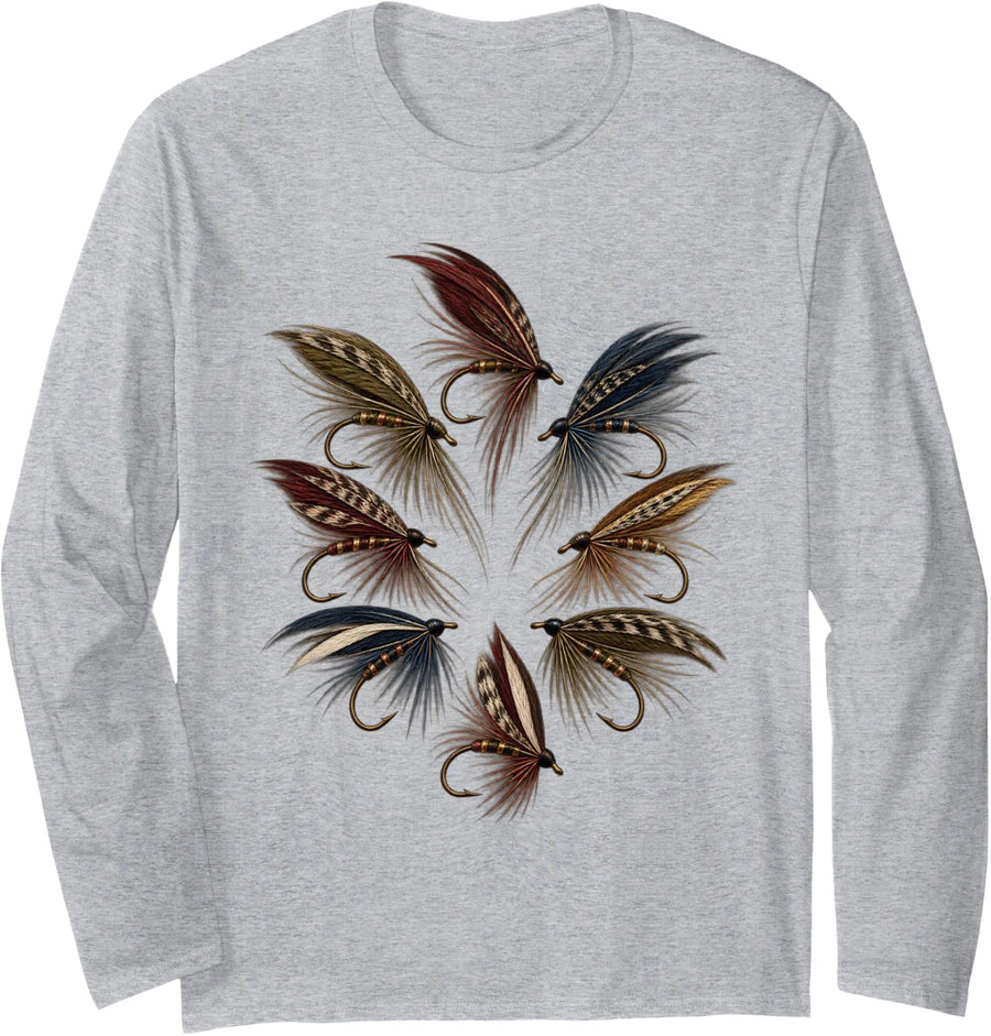 Classic Fly Fishing Lures Fly Tying Trout Angler Long Sleeve T-Shirt - Adult Unisex Heather Grey
