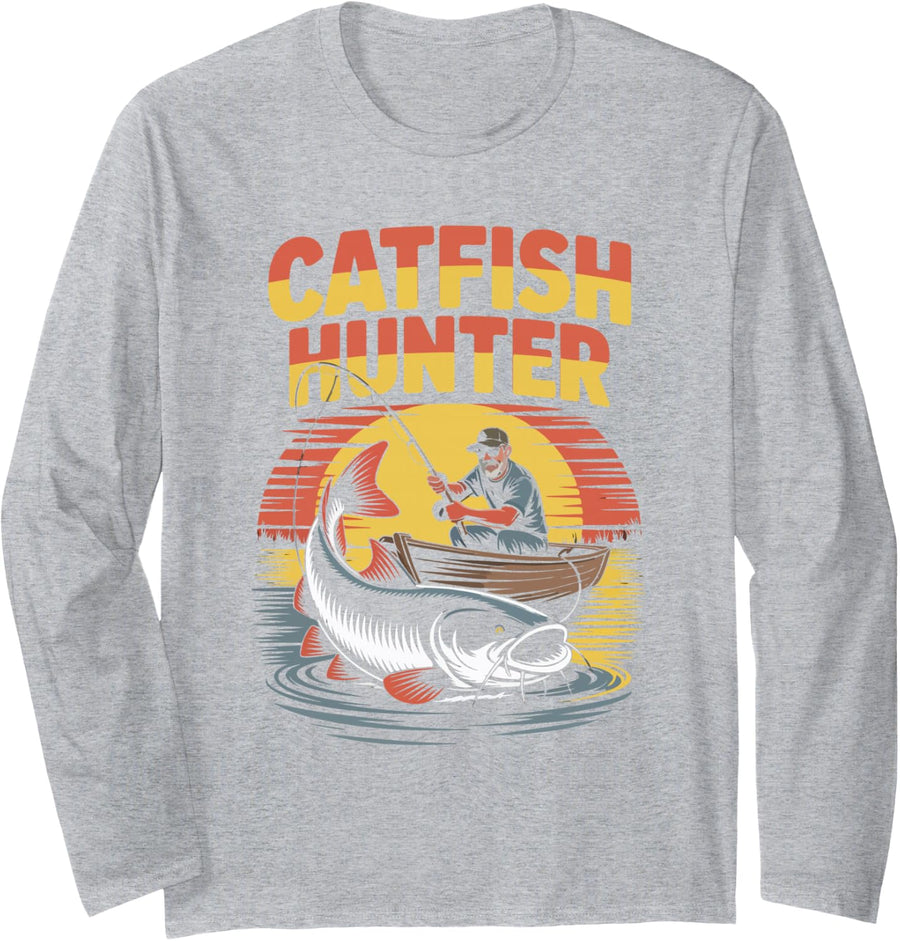 Catfish Hunter Enthusiasts Fishing Apparel Long Sleeve T-Shirt - Adult Unisex Heather Grey