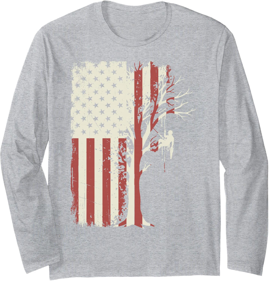 US American Flag Arborist Tree Climber Lumberjack Joke Tee Long Sleeve T-Shirt - Adult Unisex Heather Grey