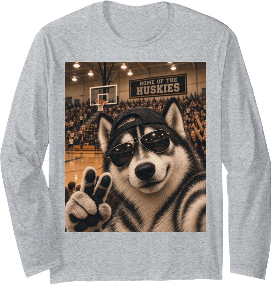 Husky Selfie Funny Basketball Vintage Game Day Cool Mascot Long Sleeve T-Shirt - Adult Unisex Heather Grey