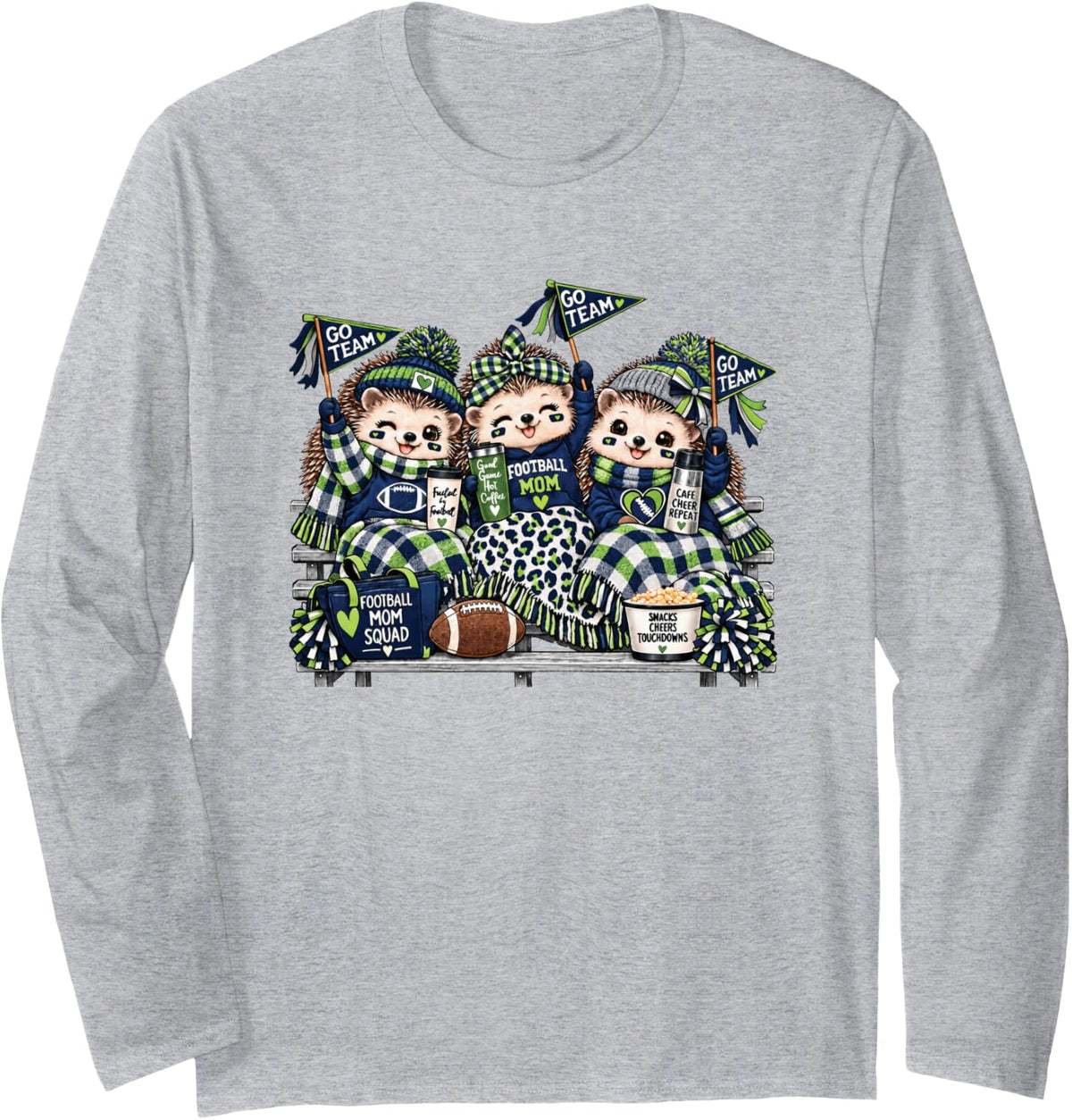 Football Mom Squad Cute Hedgehog Game Day Cheer Blue Green Long Sleeve T-Shirt - Adult Unisex Heather Grey