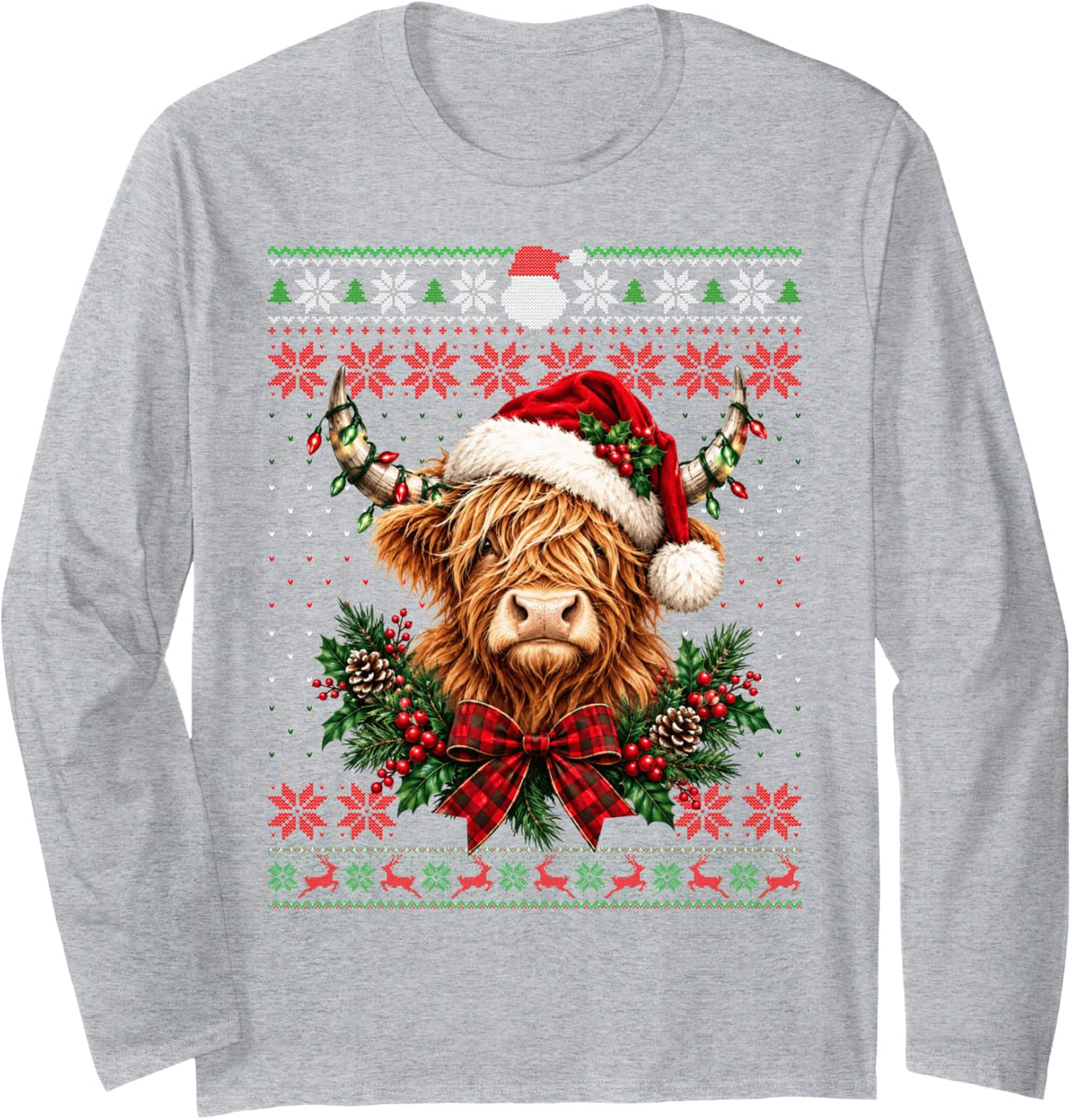 Highland Cow Santa Ugly Christmas Sweater Xmas Men Women Kid Long Sleeve T-Shirt - Adult Unisex Heather Grey