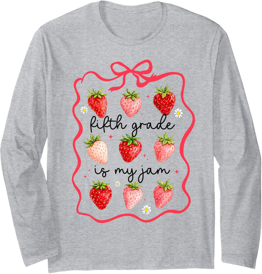 Fifth Grade is My Jam Strawberry 5th Grade Back to School Long Sleeve T-Shirt - Adult Unisex Heather Grey