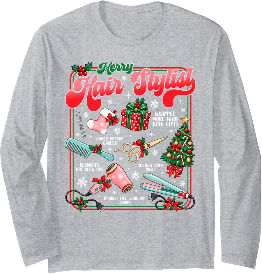 Merry Hairstylist Christmas Barber Scissors Hairdressers Long Sleeve T-Shirt - Adult Unisex Heather Grey