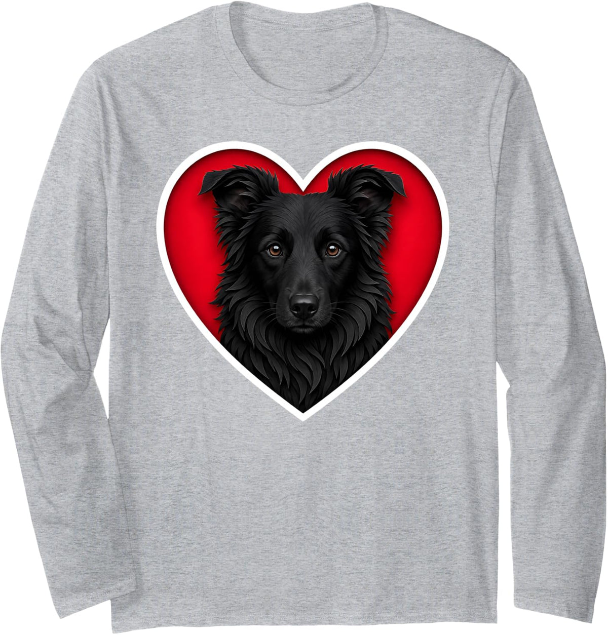 Black Border Collie Heart Long Sleeve T-Shirt - Adult Unisex Heather Grey