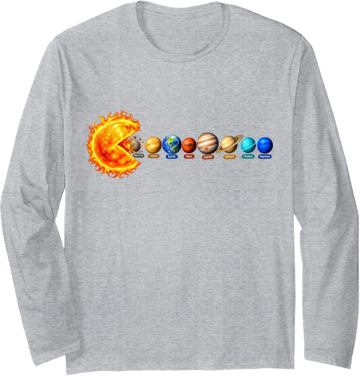 Funny Sun Planetary System Star Eating Planets Astronomy Long Sleeve T-Shirt - Adult Unisex Heather Grey