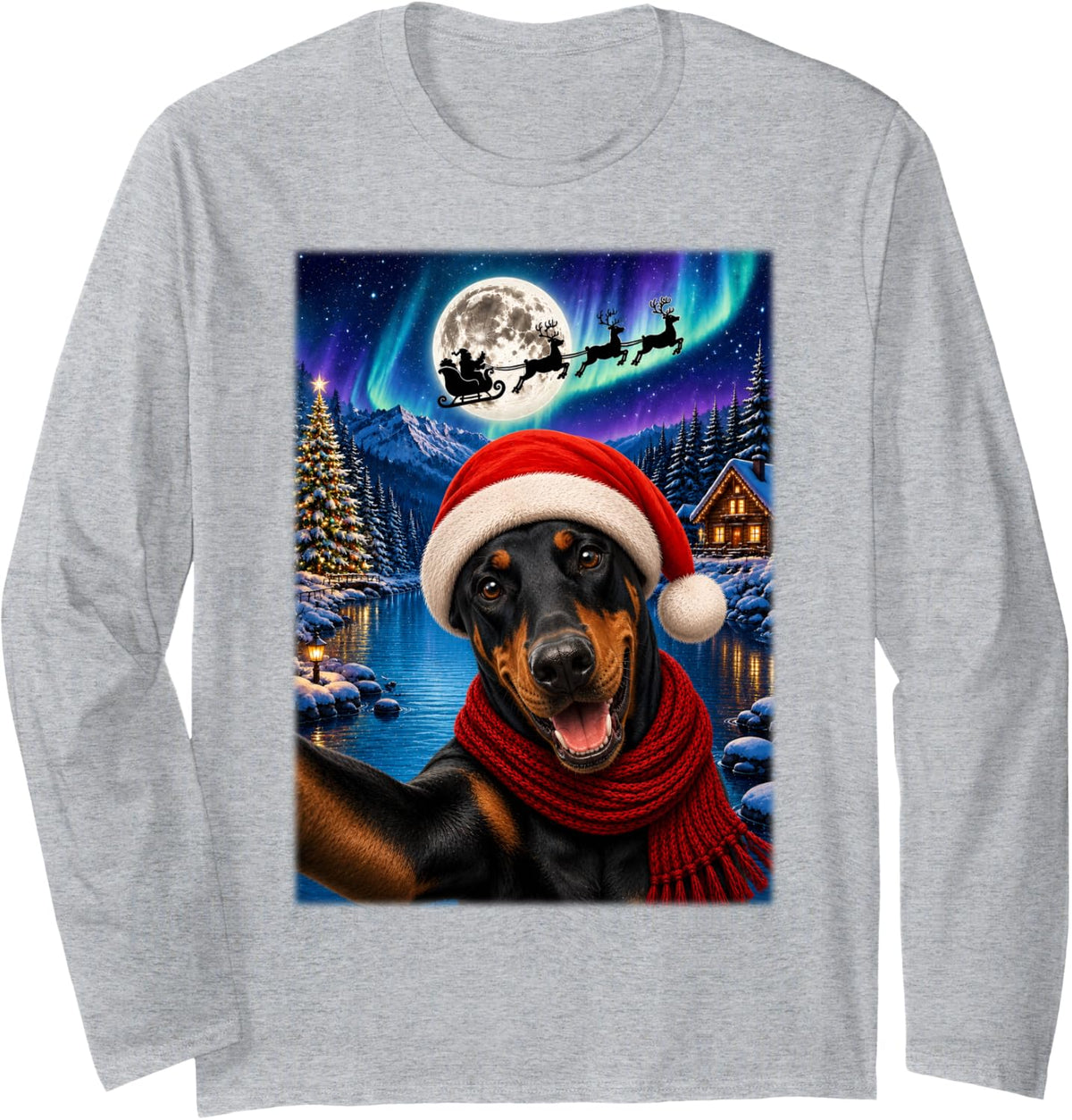 Doberman Pinscher Dog Christmas Moon Night Santa Sleigh Xmas Long Sleeve T-Shirt - Adult Unisex Heather Grey