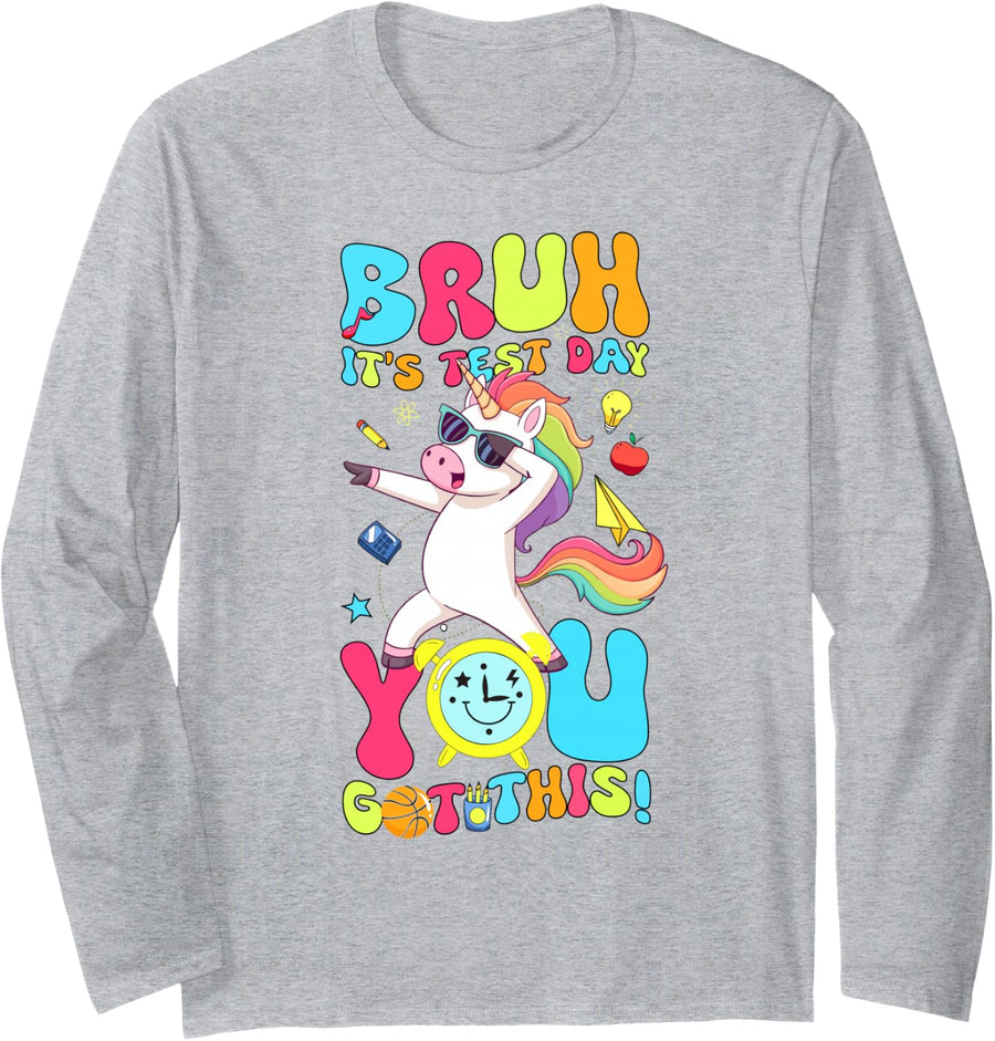 Bruh It’s Test Day You Got This Unicorn Motivational Teacher Long Sleeve T-Shirt - Adult Unisex Heather Grey