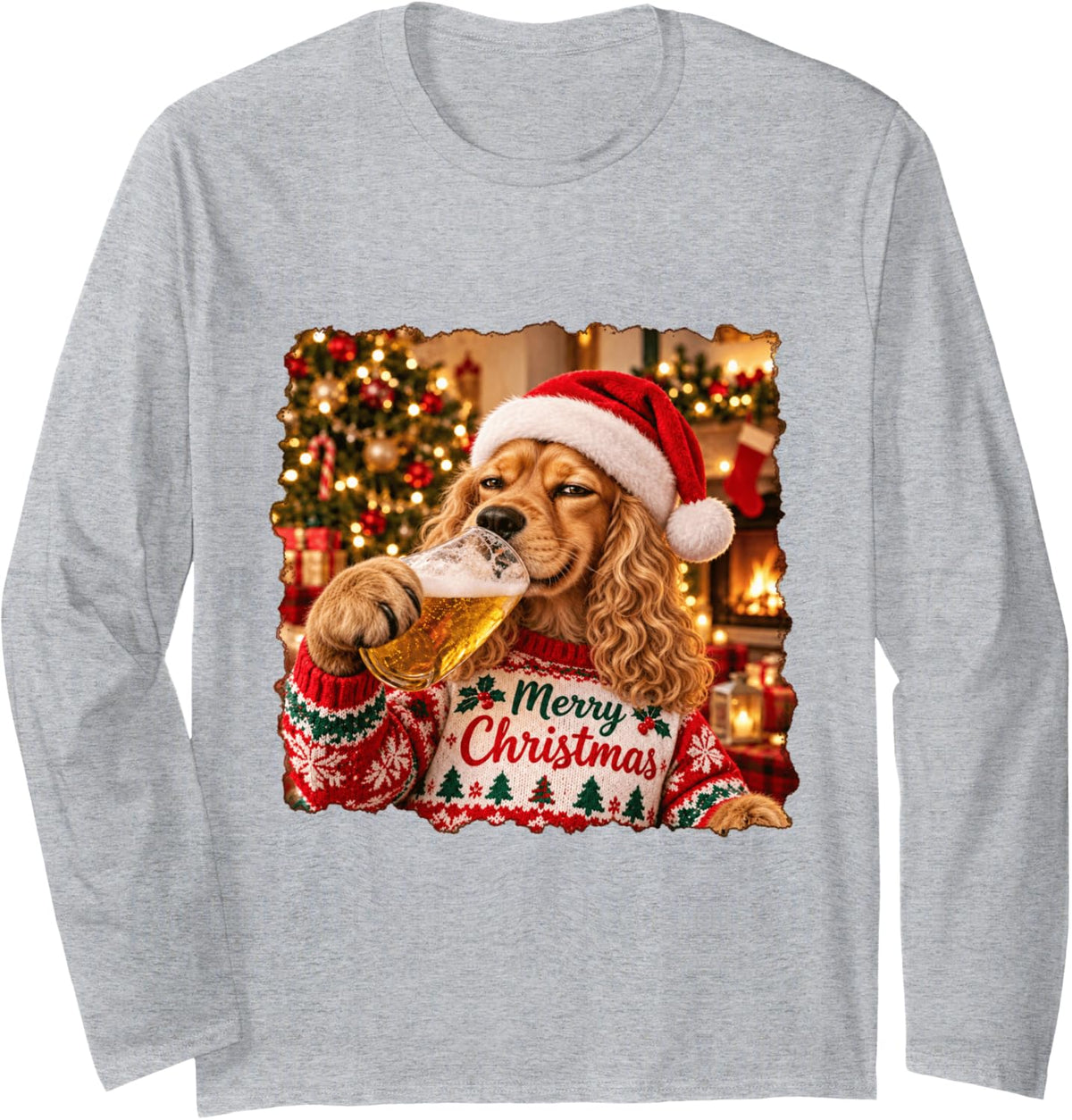 Merry Christmas Cocker Spaniel Lovers Funny Holiday Party Long Sleeve T-Shirt - Adult Unisex Heather Grey