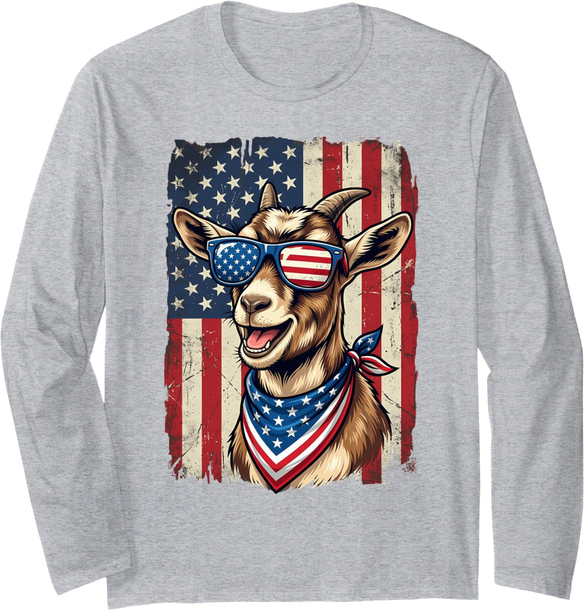 Goat Lover American Flag Cute Goat Animal 4th of July Long Sleeve T-Shirt - Adult Unisex Heather Grey