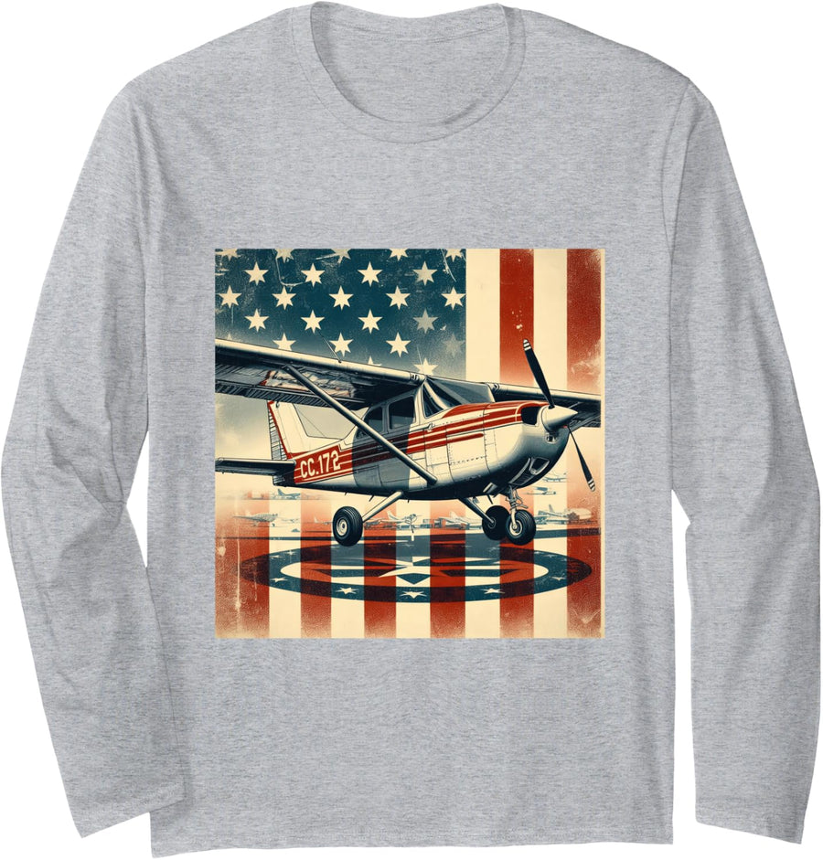 C-172 Skyhawk Vintage C172 Airplane Retro US Flag Long Sleeve T-Shirt - Adult Unisex Heather Grey
