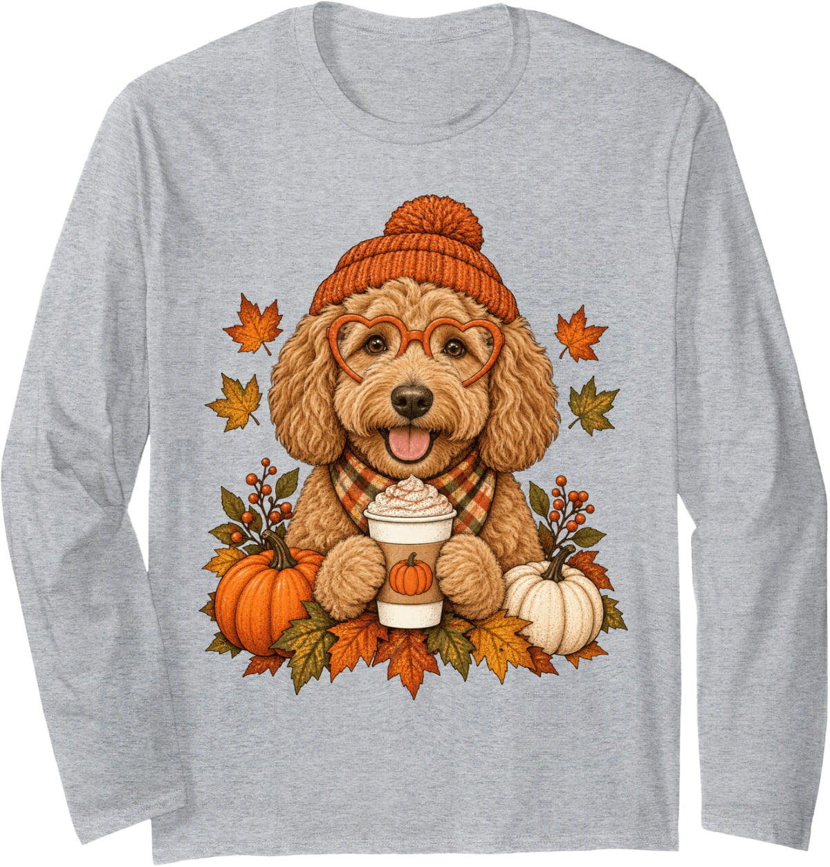 Goldendoodle Fall Autumn Season Pumpkin Spice Dog Long Sleeve T-Shirt - Adult Unisex Heather Grey
