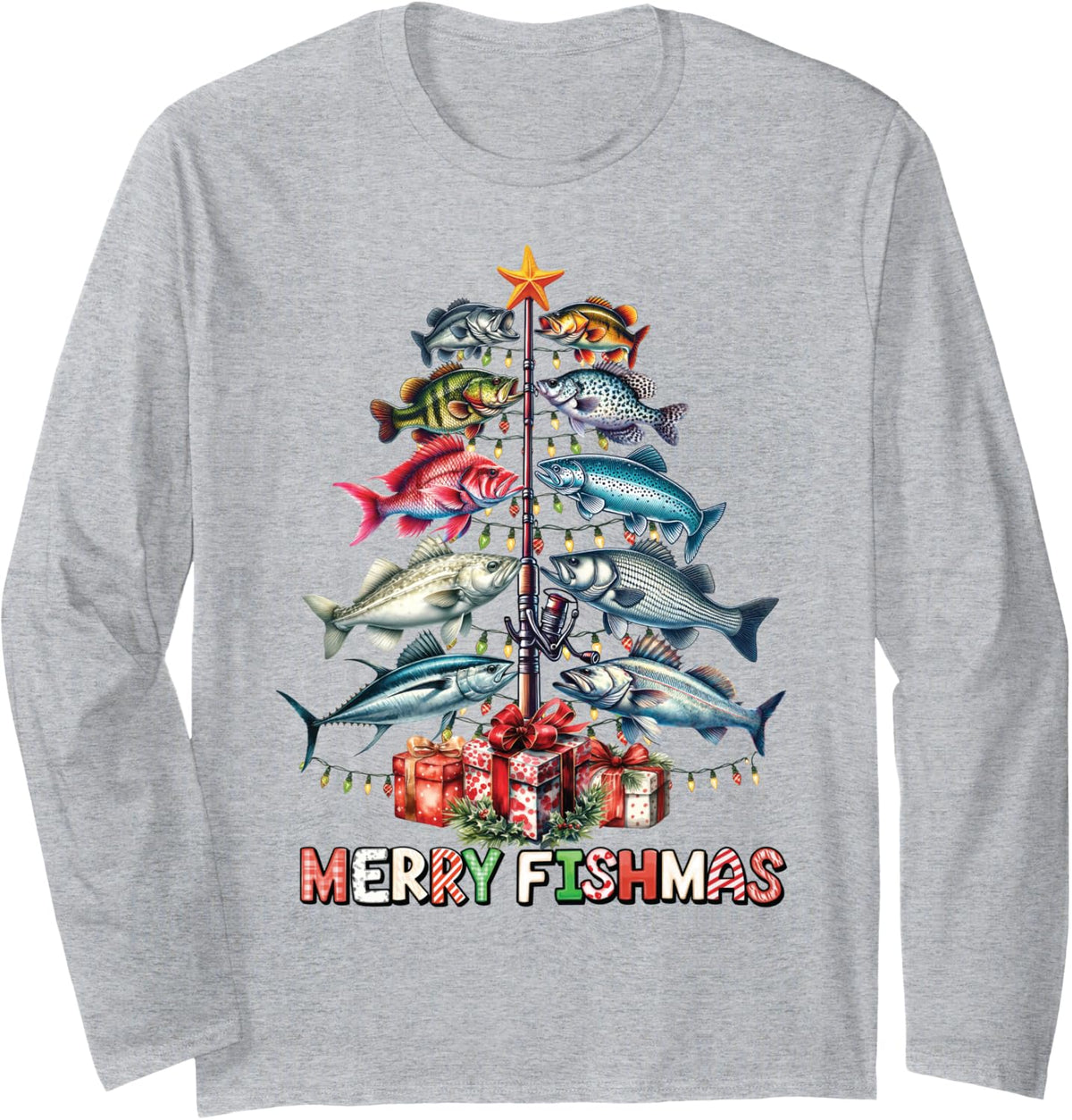 Fishmas Funny Fishing Christmas Tree Fisherman Angler Long Sleeve T-Shirt - Adult Unisex Heather Grey