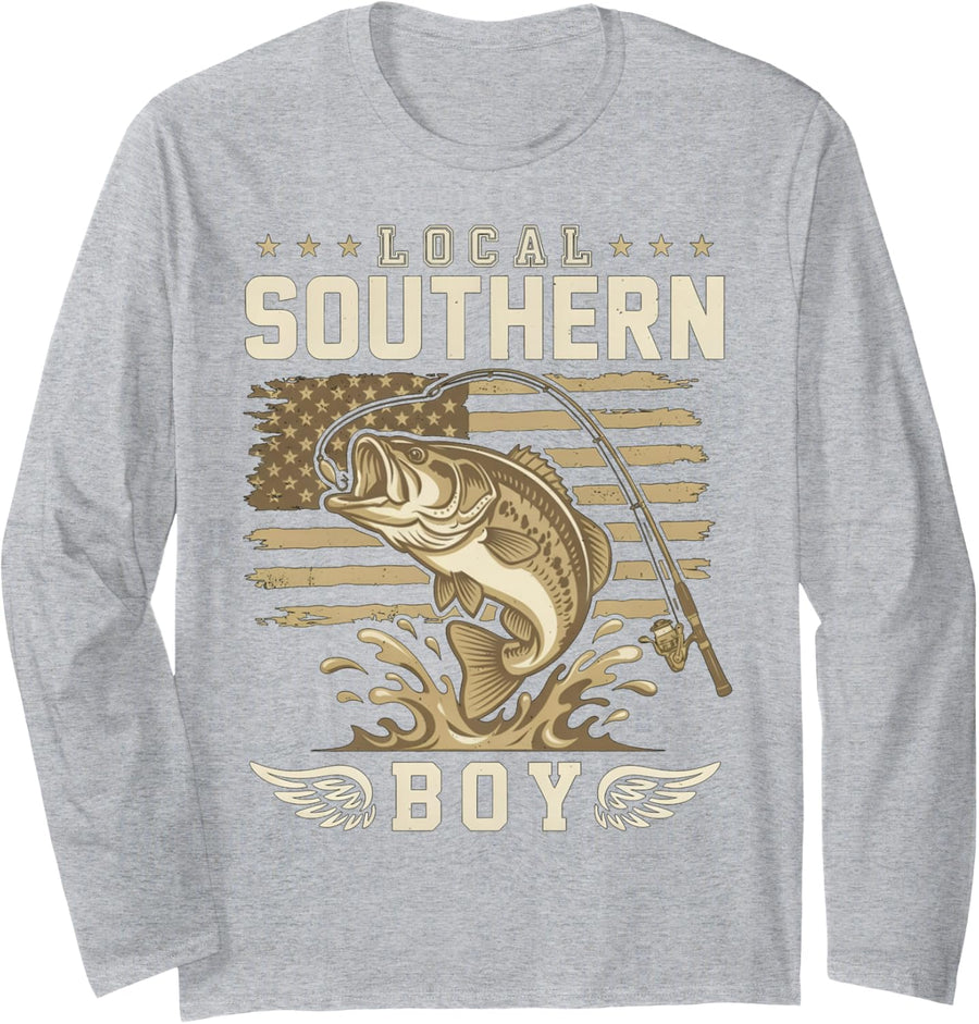 Local Southern Boy Bass Fishing American Flag Vintage Angler Long Sleeve T-Shirt - Adult Unisex Heather Grey