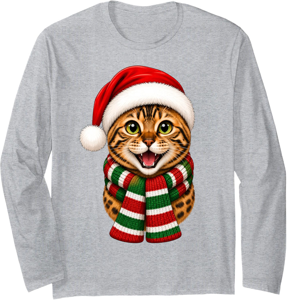 Bengal Cat Christmas Santa Hat Scarf Fun Animal Lover Xmas Long Sleeve T-Shirt - Adult Unisex Heather Grey