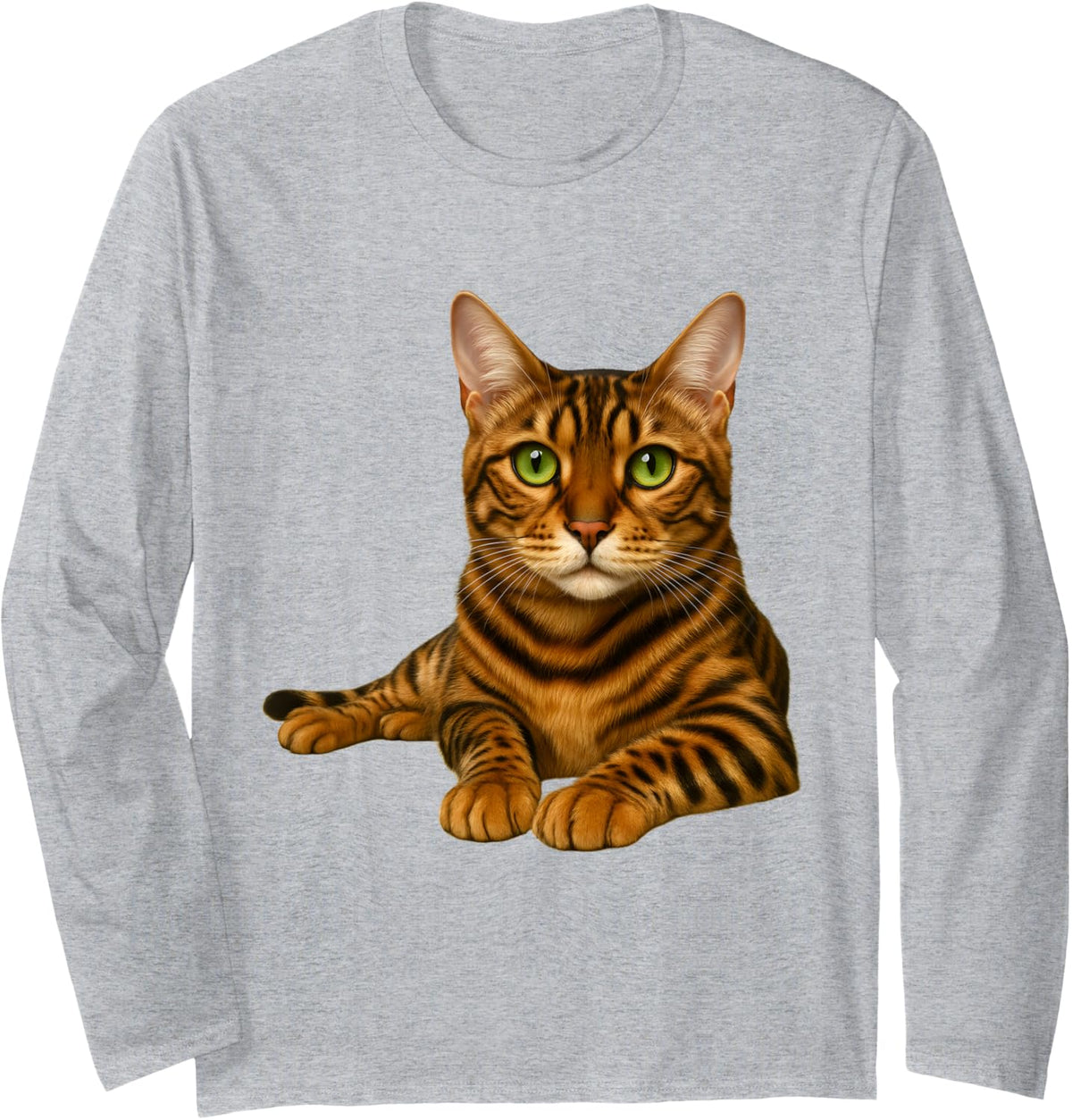 Bengal Cat with Green Eyes Artwork Long Sleeve T-Shirt - Adult Unisex Heather Grey
