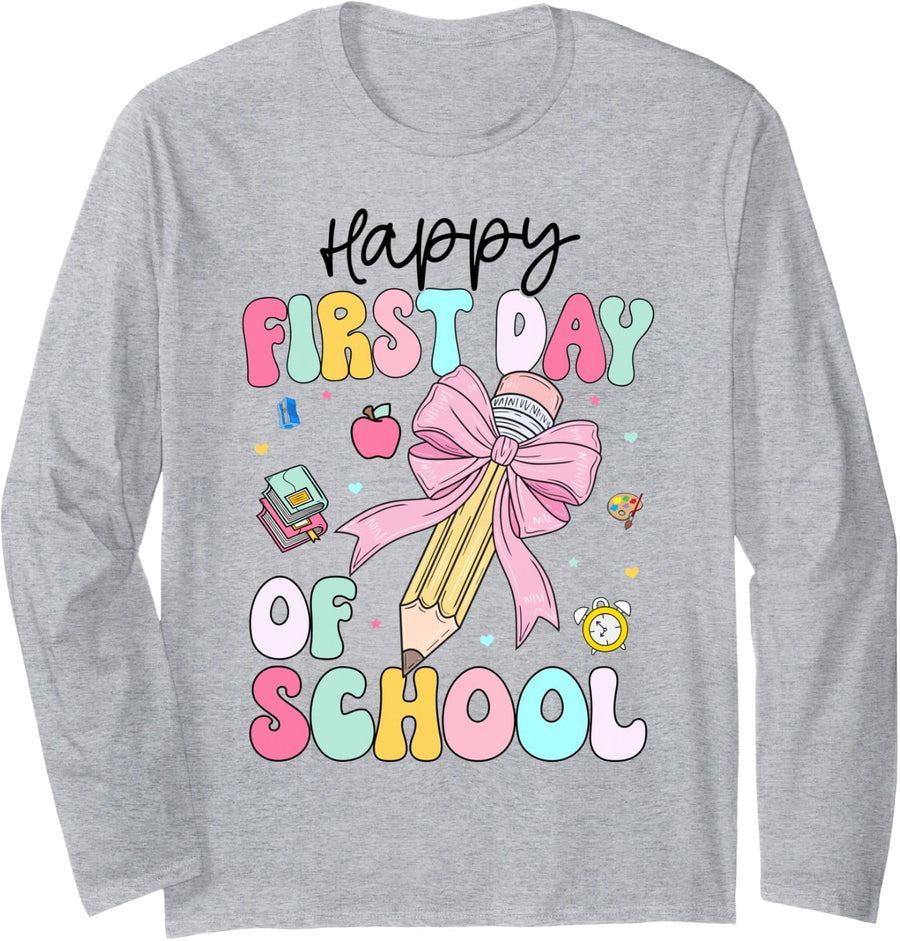 Happy First Day of School Girls Coquette Bow Back to School Long Sleeve T-Shirt - Adult Unisex Heather Grey