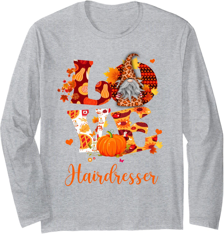 Fall Leopard Love Hairdresser Thanksgiving Gnome Hairstylist Long Sleeve T-Shirt - Adult Unisex Heather Grey