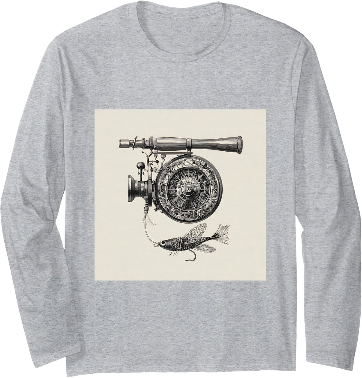 Vintage Fishing Reel Fly Fishing Rod Patent Illustration Long Sleeve T-Shirt - Adult Unisex Heather Grey